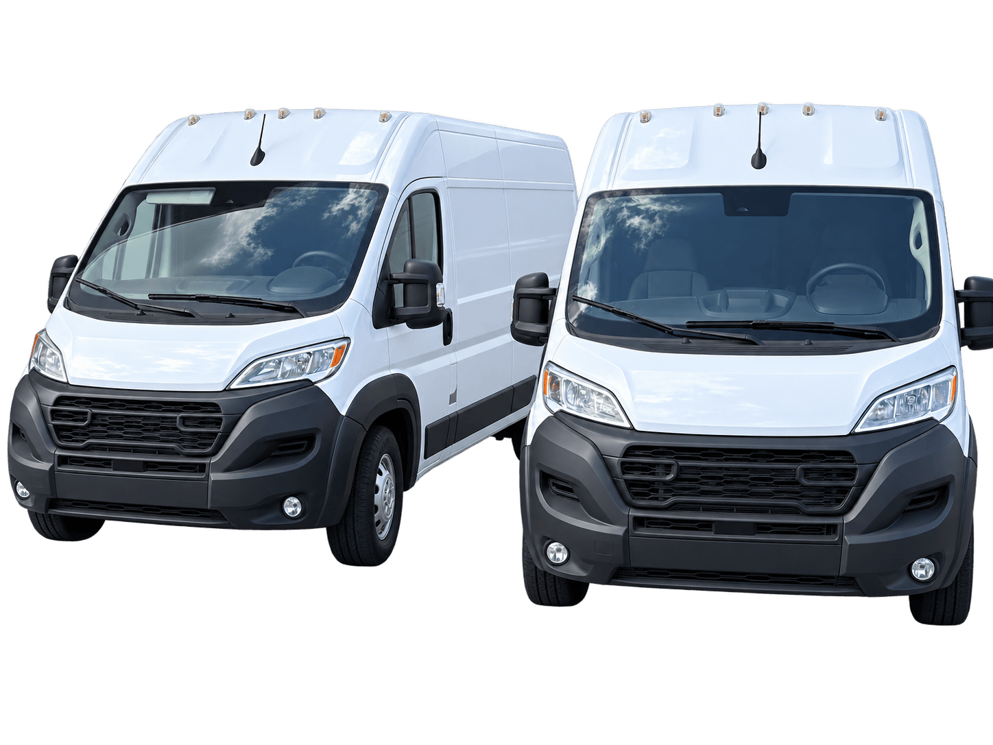 Two white SQUSH cargo vans parked side by side, seen from the front