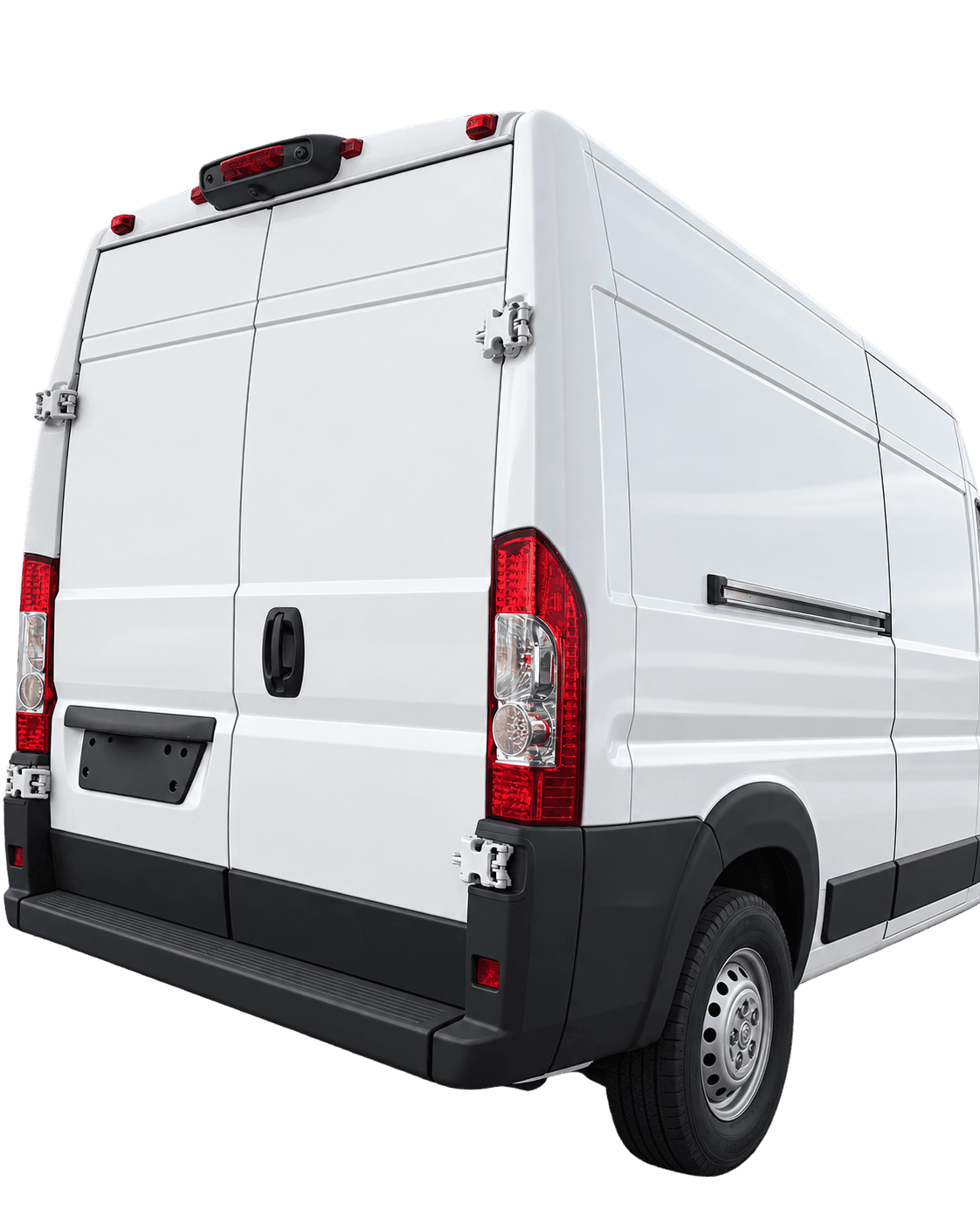 The rear cargo doors of a white SQUSH van