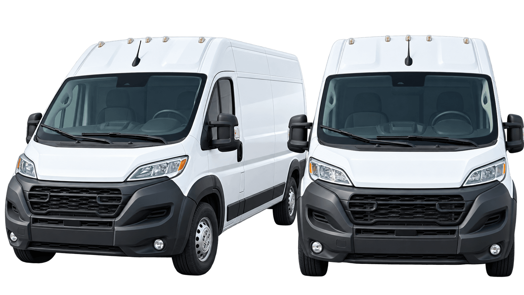Two white SQUSH cargo vans side by side, front view