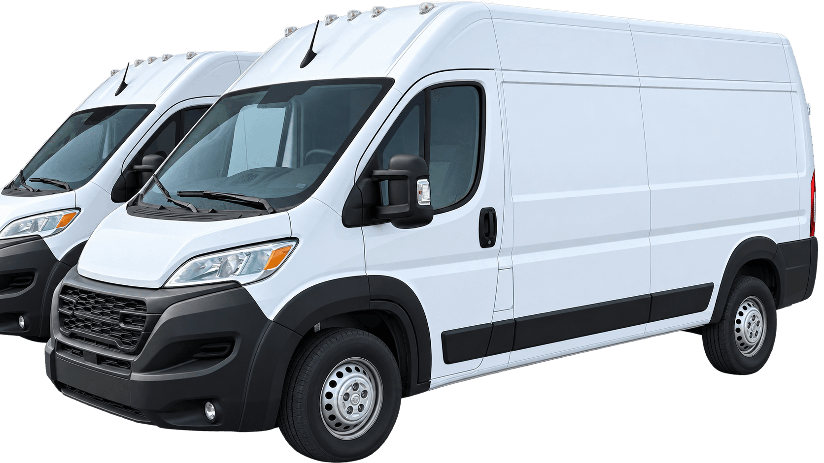 Two white SQUSH cargo vans, seen from the front three-quarter side